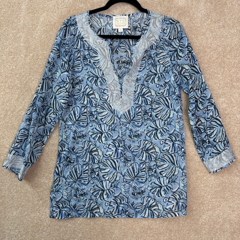 SAIL TO SABLE Tunic Top Women's XS Blue Monkey Print Cotton Coastal Resort - Picture 2 of 9